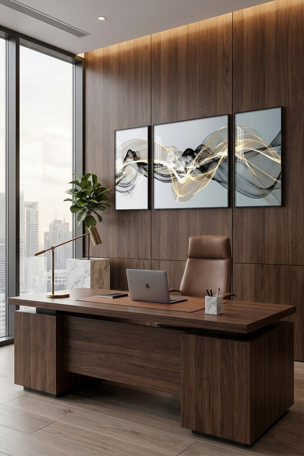 Executive CEO Presidential Office featuring Fluted Wood Acoustic Backdrop with Logo Niche #72